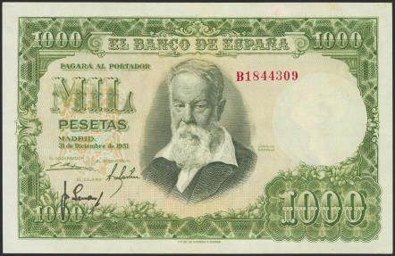 World Coins - 1000 Pesetas. 31 de Diciembre de 1951. Serie B. (Edifil 2023: 463). Manchita del tiempo. EBC.