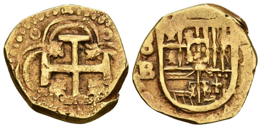 World Coins - FELIPE II. 1 Shield. s / d. Seville B. Type &quot;OMNIVM&quot;. With the exception of Portugal. Cal-113. Au. 3.34g. F.
