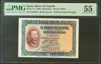World Coins - 25 pesetas. October 12, 1926. Without series. (Edifil 2021: 325, Pick: 71a). Rare in this quality. Good Extremely Fine. PMG55 package.