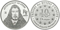 World Coins - FRANCIA. 10 Francs. 1 1/2 Euro. Tesoros de los Museos de Europa. Durero. 1997. (Ar. 22,27g/37,00mm). Proof.