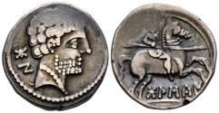 Ancient Coins - BOLSCAN (Huesca). Denario. (Ar. 4,11g/18mm). 180-20 a.C. (FAB-1911). Anv: Cabeza masculina barbada a derecha, detrás letras ibéricas: BoN. Rev: Jinete con lanza a derecha, debajo