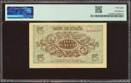 World Coins - 5 Pesetas. 21 de Noviembre de 1936. Sin serie. (Edifil 2021: 417, Pick: 97a). Rarísimo en esta conservación. EBC++. Encapsulado PMG58.