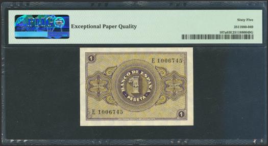 World Coins - 1 Peseta. 28 de Febrero de 1938. Serie E. (Edifil 2023: 427a, Pick: 107a). Apresto original. SC. Encapsulado PMG65EPQ.