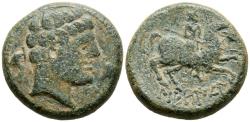 Ancient Coins - SECAISA (Segeda, Zaragoza). As. (Ae. 11,62g/23mm). 120-20 a.C. (FAB-2137). Anv: Cabeza masculina a derecha, entre dos delfines. Rev: Jinete con lanza a derecha, debajo leyenda ibé