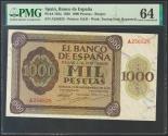 World Coins - 1000 Pesetas. November 21, 1936. Series A. (Edifil 2017: 423). Very rare in this quality, banknote of enormous importance and interest. Uncirculated. PMG64 package. (to get an ide