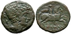 Ancient Coins - ILTIRTA (Lérida). As. (Ae. 9,92g/24mm). 200-20 a.C. (FAB-1465). Anv: Cabeza masculina a derecha, alrededor tres delfines. Rev: Jinete con palma a derecha, debajo leyenda ibérica: