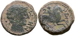 Ancient Coins - OILAUNICOS (Zona norte del Ebro). As. (Ae. 18,70g/30mm). 120-20 a.C. (FAB-1861). Anv: Cabeza masculina a derecha, detrás punto, delante letras ibéricas: SOS. Rev: Jinete con ganch
