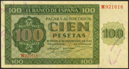 World Coins - 100 Pesetas. 21 de Noviembre de 1936. Serie M. (Edifil 2021: 421a). Conserva parte de su apresto original. EBC.