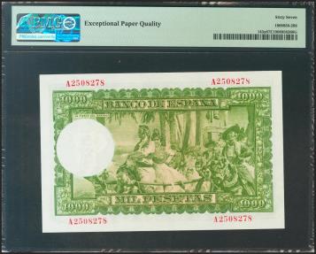 World Coins - 1000 Pesetas. 31 de Diciembre de 1951. Serie A. (Edifil 2021: 463a, Pick: 143a). Rarísimo en esta calidad, apresto original. SC. Encapsulado PMG67EPQ.