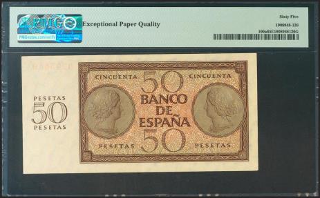 World Coins - 50 Pesetas. 21 de Noviembre de 1936. Serie D. (Edifil 2021: 420a, Pick: 100a). Muy raro en esta calidad y apresto original. SC. Encapsulado PMG65EPQ.