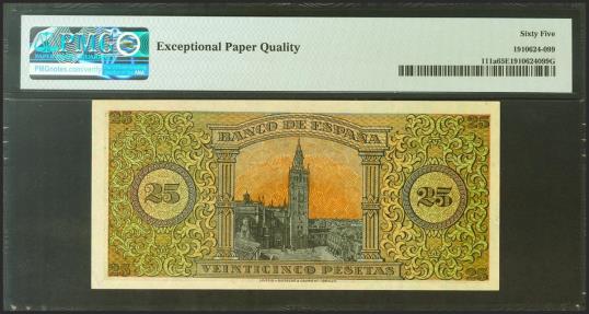 World Coins - 25 Pesetas. 20 de Mayo de 1938. Serie D. (Edifil 2021: 430a, Pick: 111a). Inusual en esta calidad, apresto original. SC. Encapsulado PMG65EPQ.