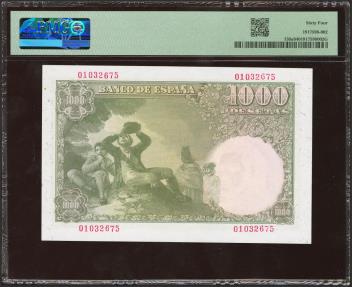 World Coins - 1000 Pesetas. 4 de Noviembre de 1949. Sin serie. (Edifil 2021: 458, Pick: 138a). Raro en esta excepcional calidad. SC. Encapsulado PMG64.