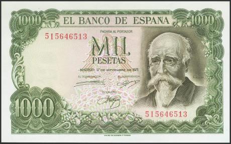 World Coins - 1000 Pesetas. 17 de Septiembre de 1971. Serie 5I. (Edifil 2023: 474c). Apresto original. SC.