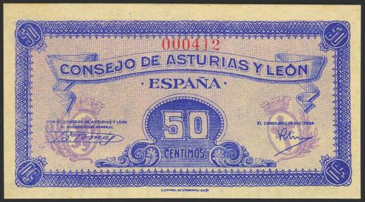 World Coins - 50 Céntimos. 1937. Asturias y León. Sin serie y numeración baja (Nº000412). (Edifil 2023: 396). Muy raro en esta calidad, apresto original. SC.