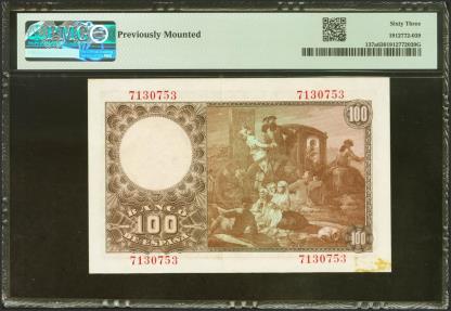 World Coins - 100 Pesetas. 2 de Mayo de 1948. Sin serie. (Edifil 2021: 456, Pick: 137a). SC-. Encapsulado PMG63 (previously mounted).