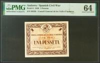 World Coins - ANDORRA. 1 Pesseta. 19 de Diciembre de 1936. Sin serie. (Edifil 2021: 3, Pick: 6). Rarísimo en esta conservación. SC. Encapsulado PMG64.