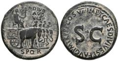 Ancient Coins - VESPASIANO. Sestercio. (Ae. 23,00g/32mm). 80-81 d.C. Roma. Anv: Vespasiano sentado a derecha con Victoria sobre carro tirado por cuádriga de elefantes, encima: DIVO AVG VESP, en e