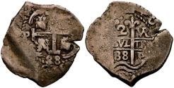 World Coins - CARLOS II (1665-1700). 2 Reales. (Ar. 6,10g/29mm). 1688. Potosí VR. (Cal-2019-421). Doble fecha. MBC+. Bonito tono. Ejemplar muy atractivo.
