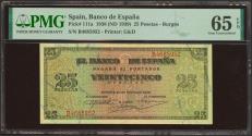 World Coins - 25 Pesetas. 20 de Mayo de 1938. Serie B. (Edifil 2023: 430a, Pick: 111a). Inusual en esta calidad, apresto original. SC. Encapsulado PMG65EPQ.
