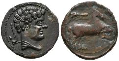 Ancient Coins - SETEISCEN (Sástago, Zaragoza). Semis. (Ae. 6,73g/22mm). 120-20 a.C. (FAB-2211). Anv: Cabeza masculina a derecha, detrás hoz. Rev: Caballo a derecha, encima caduceo, debajo leyenda