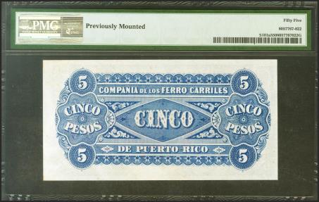 World Coins - PUERTO RICO COMPAÑIA DE LOS FERROCARRILES. 5 Pesos. (1880ca). Sin serie. (Edifil 2021: 10, Pick: S101a). Rarísimo especialmente en esta calidad. EBC+. Encapsulado PMG55 (previousl
