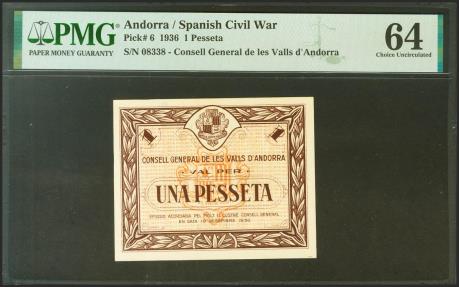 World Coins - ANDORRA. 1 Pesseta. 19 de Diciembre de 1936. Sin serie. (Edifil 2021: 3, Pick: 6). Rarísimo en esta conservación. SC. Encapsulado PMG64.