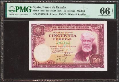 World Coins - 50 Pesetas. 31 de Diciembre de 1951. Serie A. (Edifil 2023: 462a). Inusual conservando todo su apresto original. SC. Encapsulado PMG66EPQ.