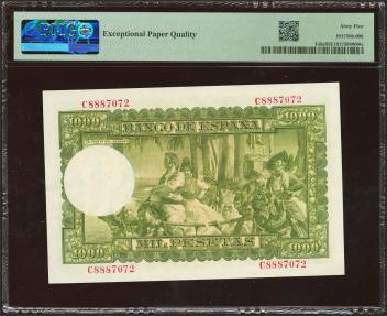 World Coins - 1000 Pesetas. 31 de Diciembre de 1951. Serie C, última serie emitida. (Edifil 2023: 463b, Pick: 143a). Raro en esta excepcional calidad, apresto original. SC. Encapsulado PMG65EPQ