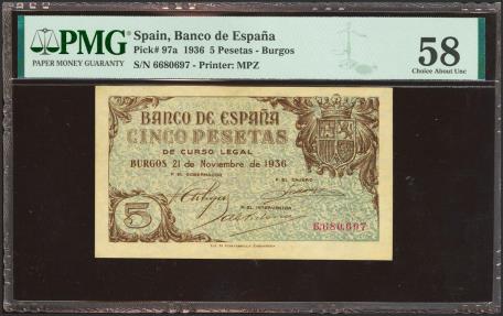 World Coins - 5 Pesetas. 21 de Noviembre de 1936. Sin serie. (Edifil 2021: 417, Pick: 97a). Rarísimo en esta conservación. EBC++. Encapsulado PMG58.