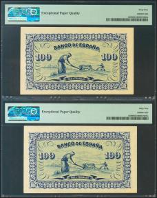 World Coins - 100 Pesetas. Septiembre 1937. Pareja correlativa. Sin serie. (Edifil 2021: 399, Pick: S580). Inusual en esta calidad y con apresto original. SC. Encapsulado PMG65EPQ, ambos.