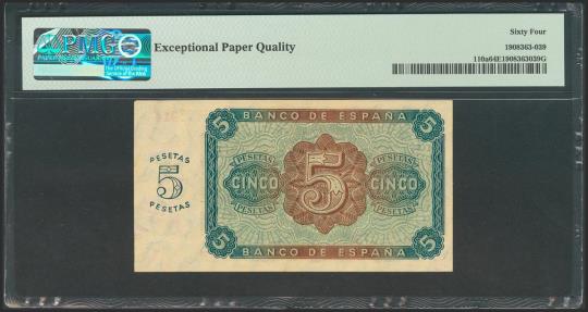 World Coins - 5 Pesetas. 10 de Agosto de 1938. Serie L. (Edifil 2017: 435a). Apresto original. SC. Encapsulado PMG64EPQ.