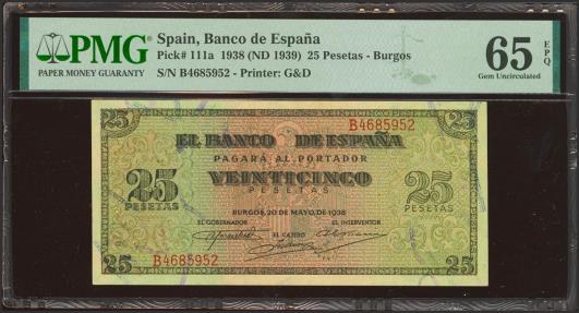 World Coins - 25 Pesetas. 20 de Mayo de 1938. Serie B. (Edifil 2023: 430a, Pick: 111a). Inusual en esta calidad, apresto original. SC. Encapsulado PMG65EPQ.