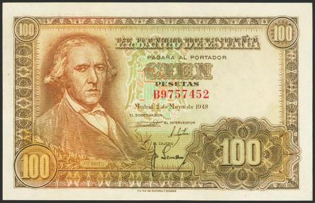 World Coins - 100 Pesetas. 2 de Mayo de 1948. Serie B. (Edifil 2023: 456a). EBC.