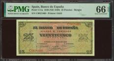 World Coins - 25 Pesetas. 20 de Mayo de 1938. Serie C. (Edifil 2023: 430a, Pick: 111a). Raro en esta excepcional calidad, apresto original. SC. Encapsulado PMG66EPQ.