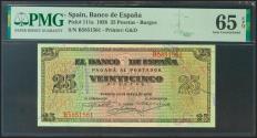World Coins - 25 Pesetas. 20 de Mayo de 1938. Serie B. (Edifil 2021: 430a, Pick: 111a). Inusual en esta calidad, apresto original. SC. Encapsulado PMG65EPQ.