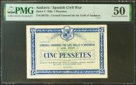 World Coins - ANDORRA. 5 Pessetes. 19 de Diciembre de 1936. Sin serie y bajísima numeración (Nº00758). (Edifil 2021: 6, Pick: 3). Rarísimo en esta conservación. EBC. Encapsulado PMG50. (para ha