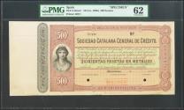 World Coins - SOCIEDAD CATALANA GENERAL DE CREDITO (BARCELONA). 500 Pesetas. (188_ca). Sin serie y con matriz a la izquierda, taladros en el lugar del director y el cajero, además marca SPECIME