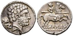 Ancient Coins - BOLSCAN (Huesca). Denario. (Ar. 3,92g/18mm). 180-20 a.C. (FAB-1911). Anv: Cabeza masculina barbada a derecha, detrás letras ibéricas: BoN. Rev: Jinete con lanza a derecha, debajo