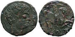 Ancient Coins - ARSAOS (Area de Navarra). As. (Ae. 7,67g/23mm). 120-80 a.C. (FAB-144). Anv: Cabeza masculina barbada a derecha, entre dos delfines. Rev: Jinete con dardo a derecha, debajo leyenda