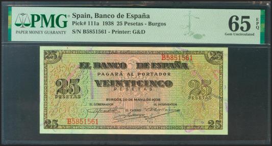 World Coins - 25 Pesetas. 20 de Mayo de 1938. Serie B. (Edifil 2021: 430a, Pick: 111a). Inusual en esta calidad, apresto original. SC. Encapsulado PMG65EPQ.