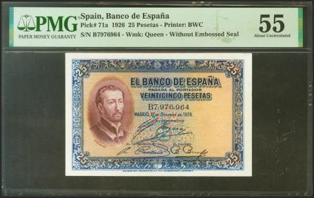 World Coins - 25 Pesetas. 12 de Octubre de 1926. Serie B, última serie emitida. (Edifil 2021: 325a, Pick: 71a). Inusual en esta calidad. EBC+. Encapsulado PMG55.