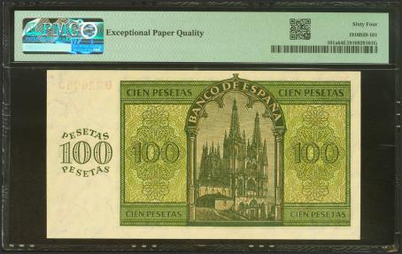 World Coins - 100 Pesetas. 21 de Noviembre de 1936. Serie U. (Edifil 2023: 421a, Pick: 101a). Apresto original. SC. Encapsulado PMG64EPQ.