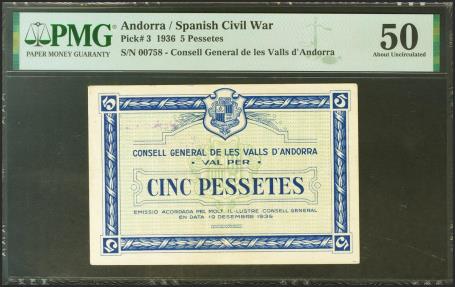 World Coins - ANDORRA. 5 Pessetes. 19 de Diciembre de 1936. Sin serie y bajísima numeración (Nº00758). (Edifil 2021: 6, Pick: 3). Rarísimo en esta conservación. EBC. Encapsulado PMG50. (para ha