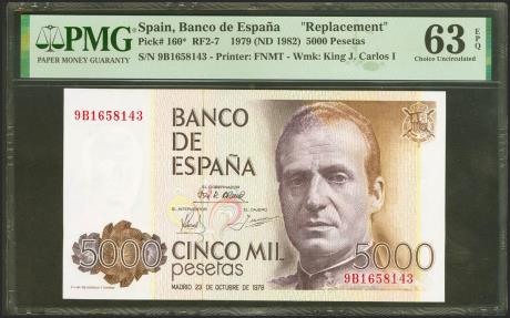 World Coins - 5000 Pesetas. 23 de Octubre de 1979. Serie especial 9B. (Edifil 2021: 478b, Pick: 160*). SC. Encapsulado PMG63EPQ.