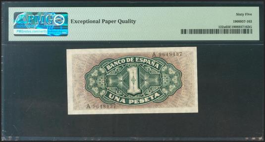 World Coins - 1 Pesetas. 4 de Septiembre de 1940. Serie A. (Edifil 2021: 442a, Pick: 122a). Inusual en esta calidad. SC. Encapsulado PMG65EPQ.