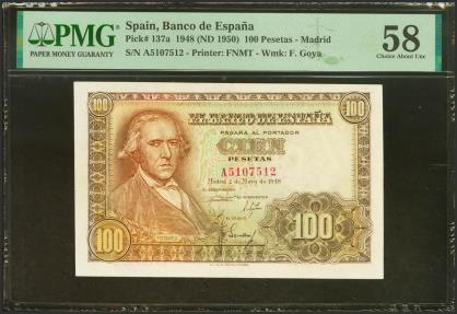 World Coins - 100 Pesetas. 2 de Mayo de 1948. Serie A. (Edifil 2023: 456a, Pick: 137a). EBC++. Encapsulado PMG58.