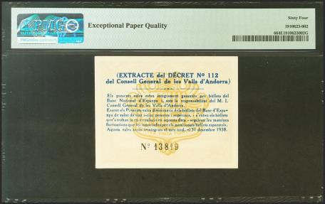 World Coins - ANDORRA. 1 Peseta. 19 de Diciembre de 1936. Sin serie. (Edifil 2021: 3, Pick: 6). Raro, especialmente en esta excepcional calidad, apresto original. Encapsulado PMG64EPQ.