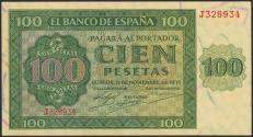 World Coins - 100 Pesetas. 21 de Noviembre de 1936. Serie J. (Edifil 2023: 421a). Conserva parte de su apresto original. EBC.