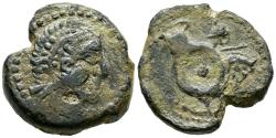 Ancient Coins - CARISA (cerca de Bornos, Cádiz). Semis. (Ae. 5,71g/19mm). 50 a.C. (FAB-448). Anv: Cabeza masculina diademada a derecha. Rev: Jinete con lanza y escudo a derecha, debajo leyenda in