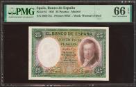 World Coins - 25 Pesetas. 25 de Abril de 1931. Sin serie. (Edifil 2021: 358, Pick: 81). Raro en esta excepcional calidad, apresto original. SC. Encapsulado PMG66EPQ.